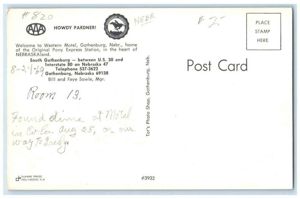 c1960 Exterior View Howdy Pardner Western Motel Gothenburg Nebraska NE Postcard