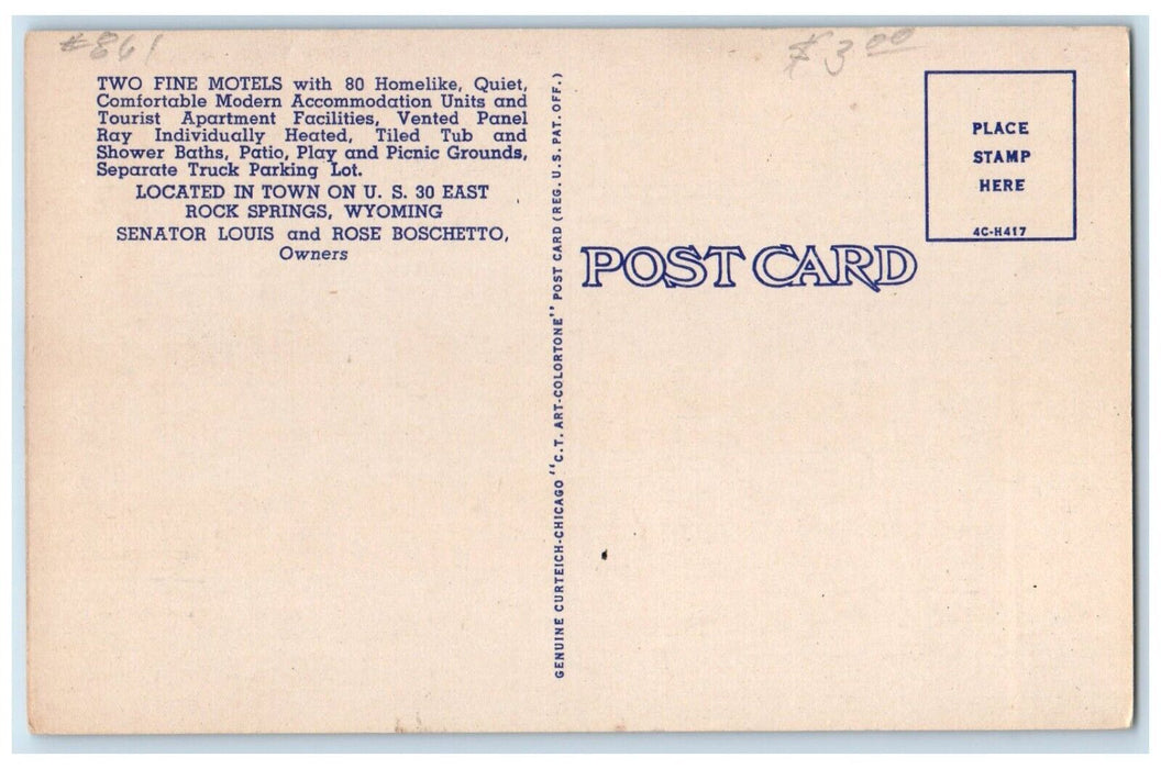 c1940 El Rancho Motor Lodge Rose Court Town Motel Rock Springs Wyoming Postcard