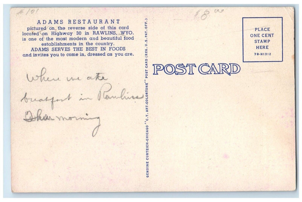 1940 Adams Restaurant Exterior Interior Chair Rawlins Wyoming Multiview Postcard