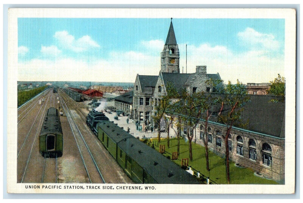 1940 Union Pacific Station Track Side Locomotive Train Cheyenne Wyoming Postcard