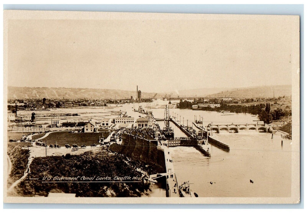 View Of US Government Canal Locks Seattle Washington WA RPPC Photo Postcard