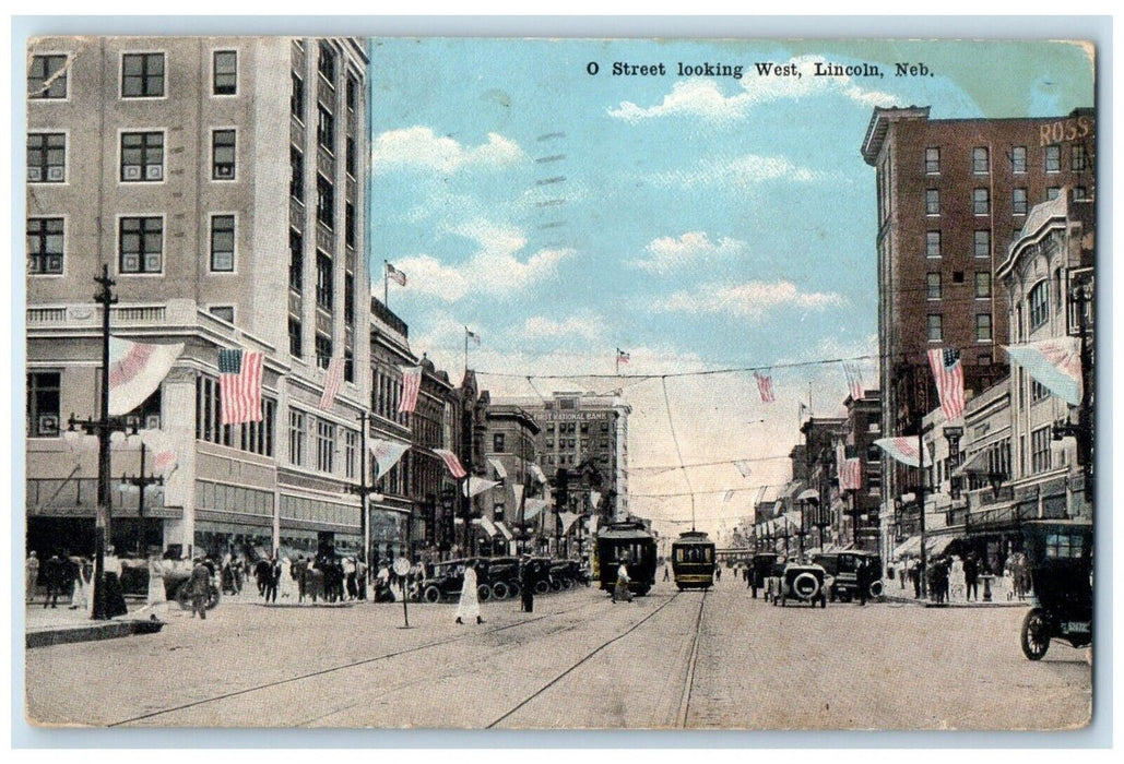 1917 O Street Looking West Streetcar Trolley Lincoln Nebraska Antique Postcard