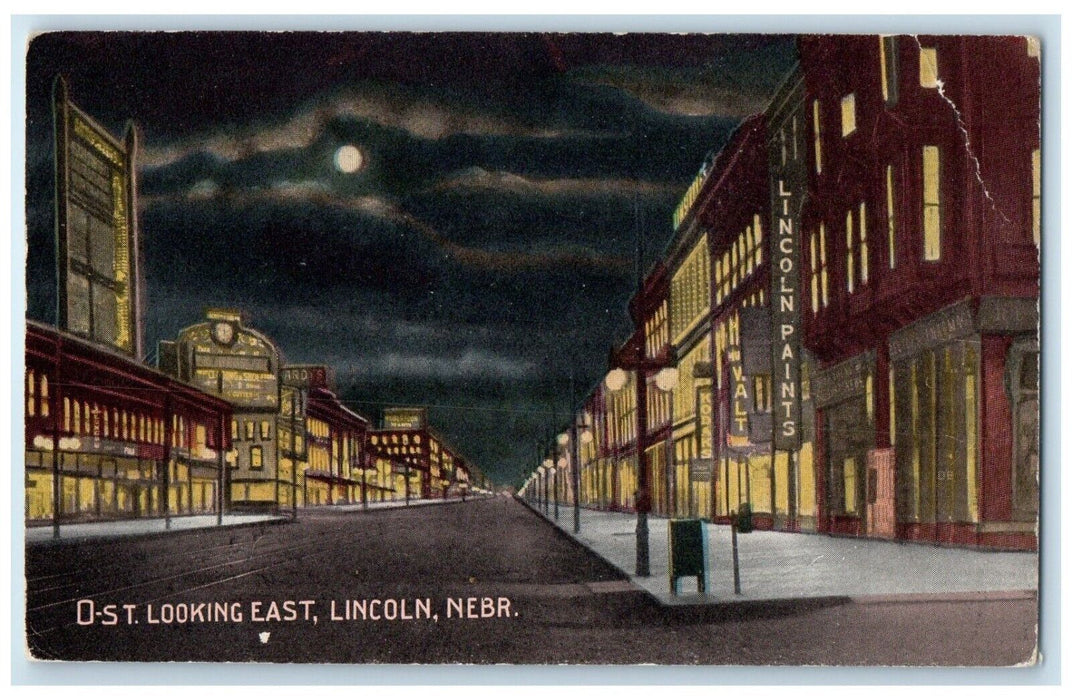 1910 Night O Street Looking East Moonlight Lincoln Nebraska NE Unposted Postcard