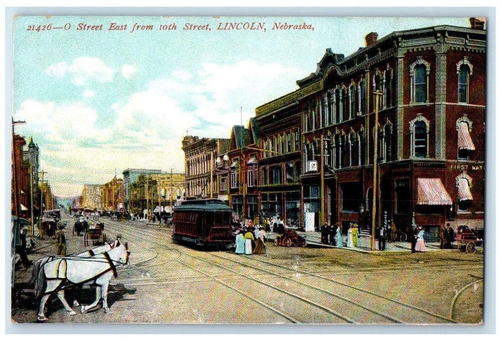 c1910 O Street East 10th Street Horse Carriage Trolley Lincoln Nebraska Postcard