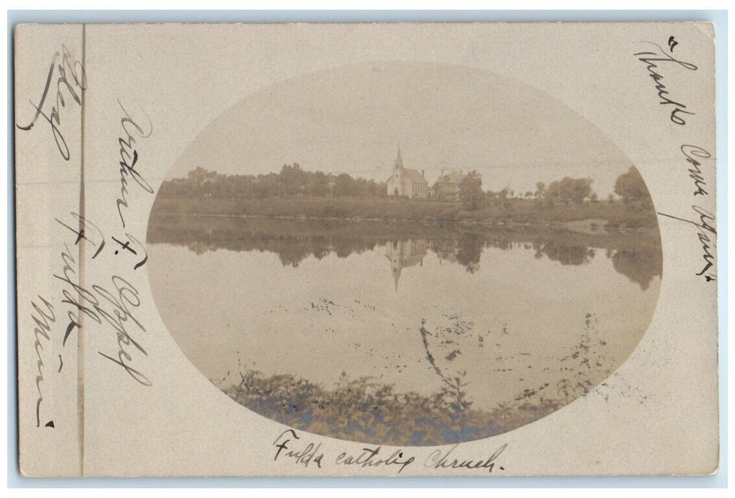 1906 Catholic Church Lake Reflection View Fulda Minnesota MN RPPC Photo Postcard