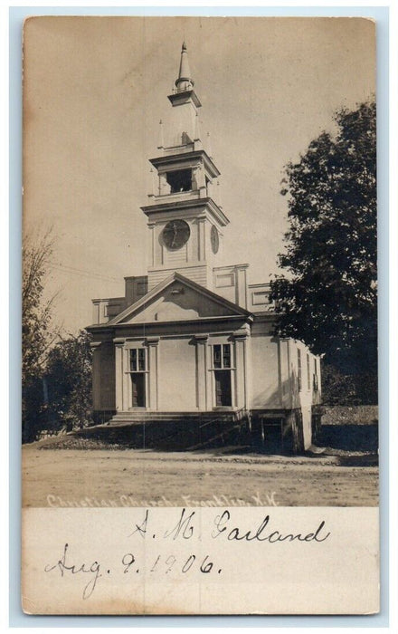 1906 Christian Church Bell Clock Tower View Franklin NH RPPC Photo Postcard