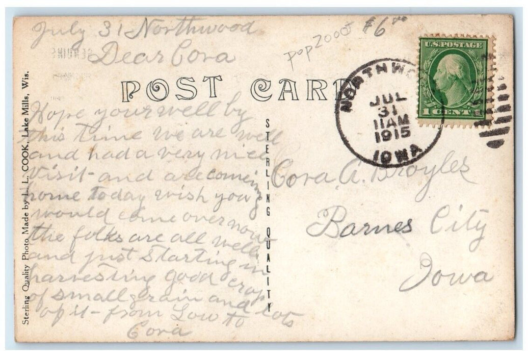1915 Home Residence Street View Northwood Iowa IA RPPC Photo Posted Postcard