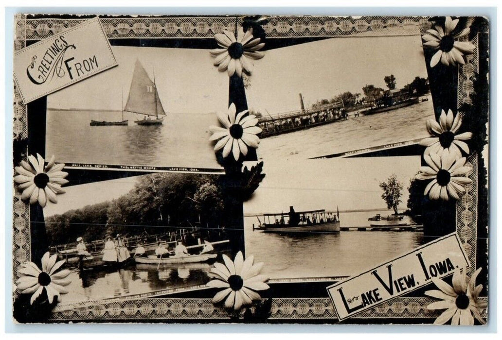 c1920s Multiview Sailboat Steamship Women Daisy Lake View IA RPPC Photo Postcard