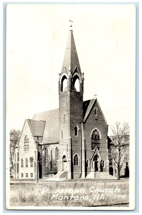 1942 St. Joseph Church Bell Tower View Manteno Illinois IL RPPC Photo Postcard