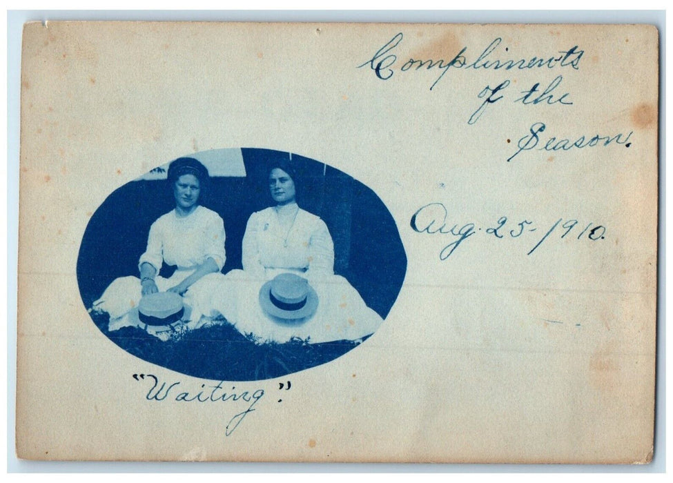 1910 Compliments Of The Season Womens Waiting Northville MI RPPC Photo Postcard