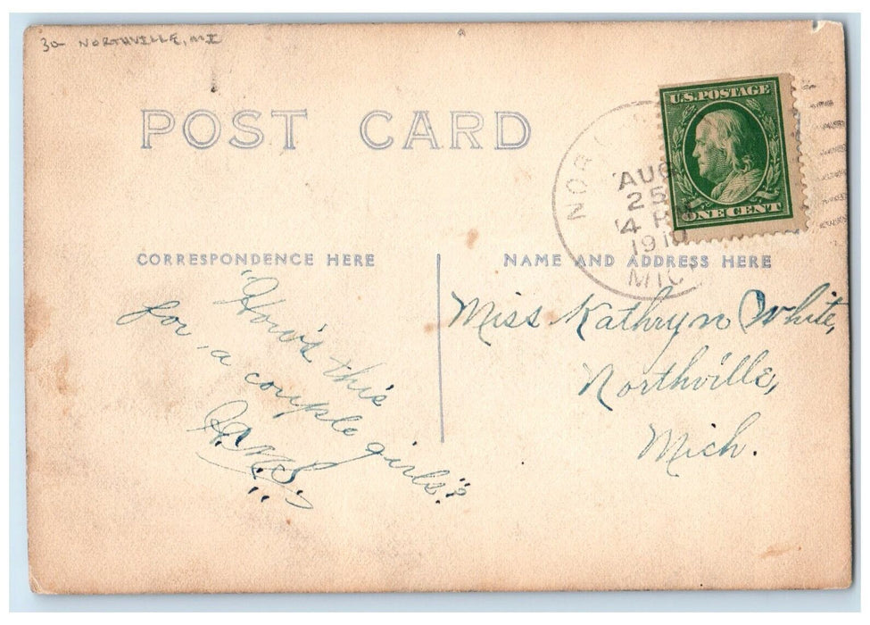 1910 Compliments Of The Season Womens Waiting Northville MI RPPC Photo Postcard