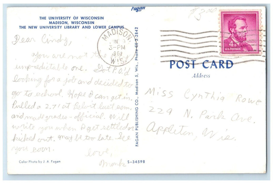 1962 University Wisconsin Library Lower Campus Field Madison Wisconsin Postcard