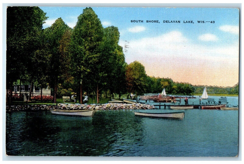 1946 South Shore Canoe Boat River Dock Port Delavan Lake Wisconsin WI Postcard