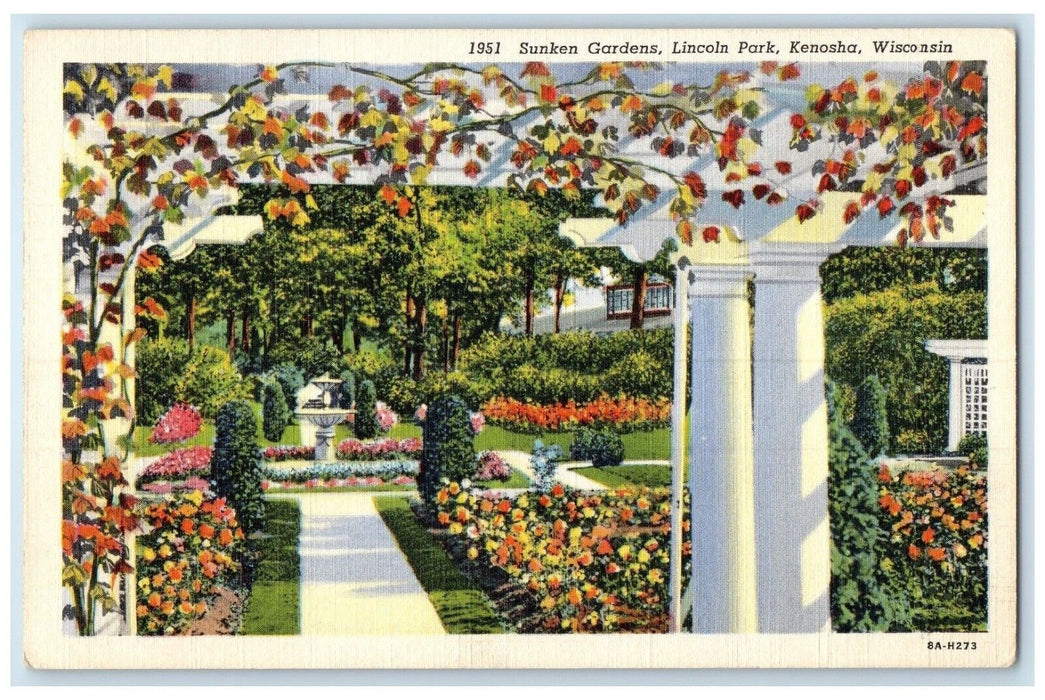 1944 Sunken Gardens Lincoln Park Flowers Exterior Kenosha Wisconsin WI Postcard