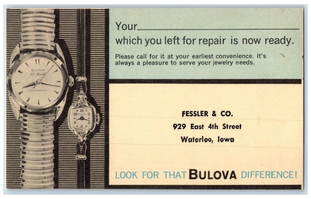 c1950's Bulova Fessler Co Watch Waterloo Iowa Advertising Vintage Postcard