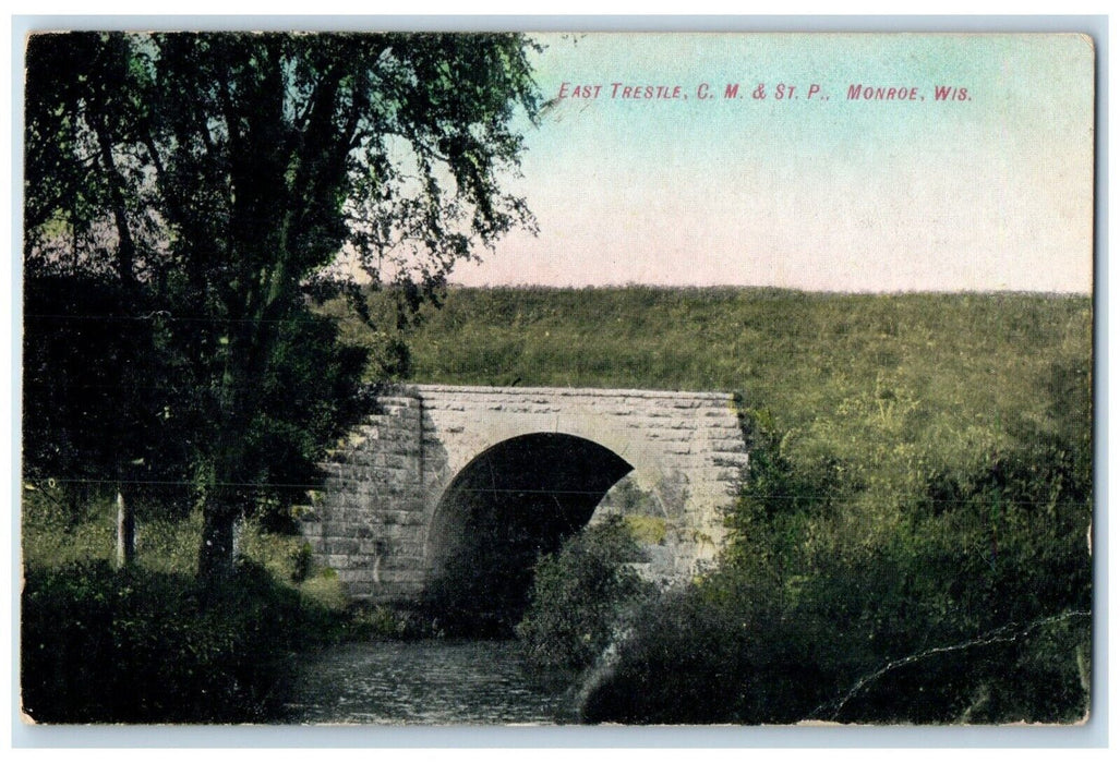 1909 East Trestle Tunnel Bridge Field Monroe Wisconsin Vintage Antique Postcard