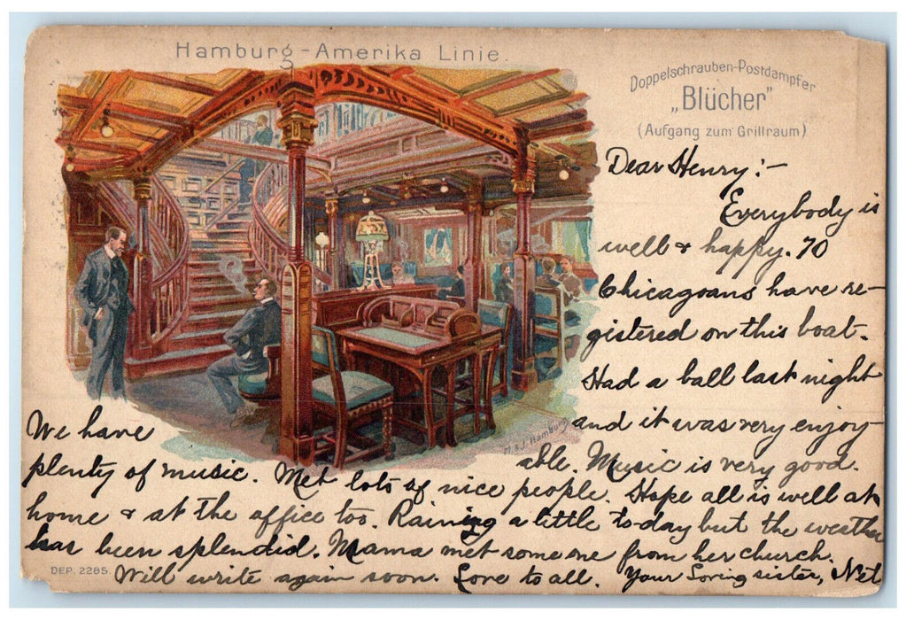 c1905 Twin Screw Mail Steamer Stairway to Grill Room Germany Postcard