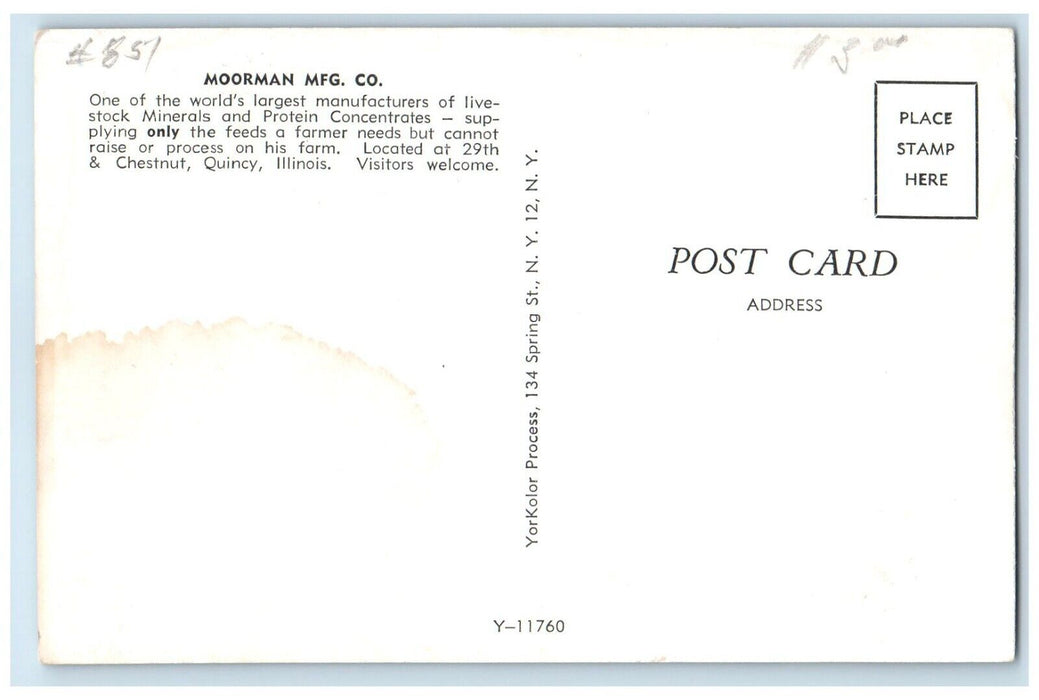 c1960 Moorman MFG  Livestock Minerals Protein Chestnut Quincy Illinois Postcard