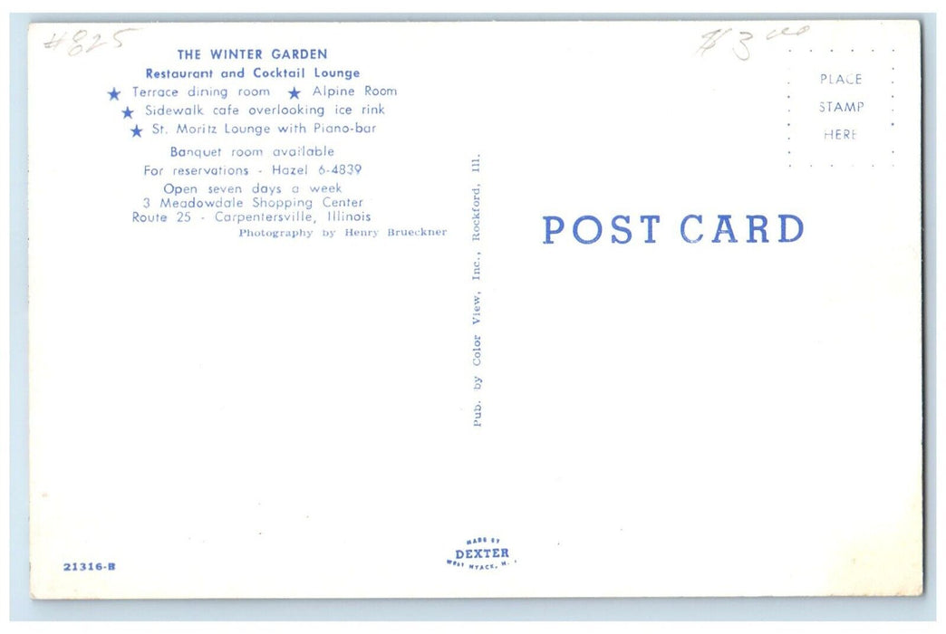 c1960 Winter Garden Restaurant Cocktail Lounge Carpentersville Illinois Postcard