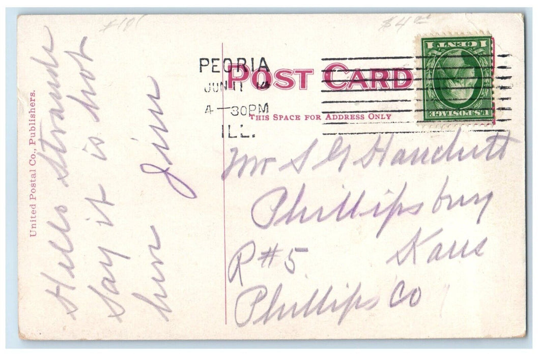1914 Scene Al Fresco Park Monument Statue Sculpture Peoria Illinois IL Postcard