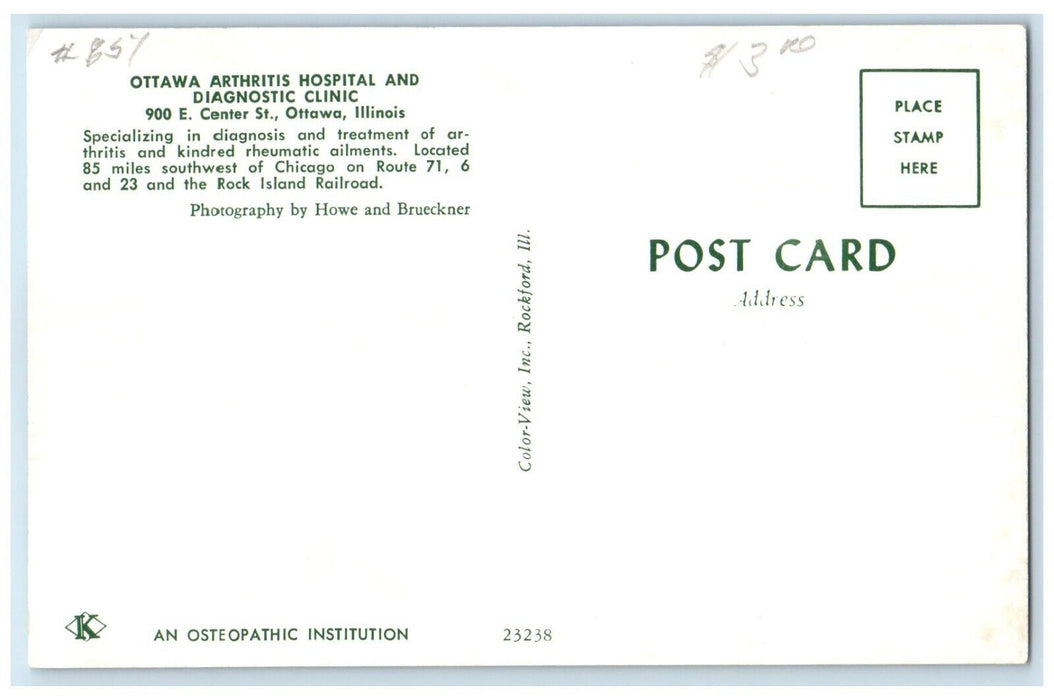 c1960 Ottawa Arthritis Hospital Diagnostic Clinic Field Ottawa Illinois Postcard