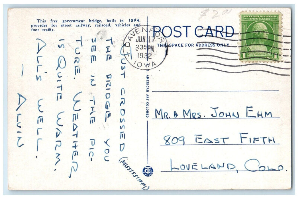1932 Government Bridge Between Davenport Iowa Rock Island Illinois IL Postcard