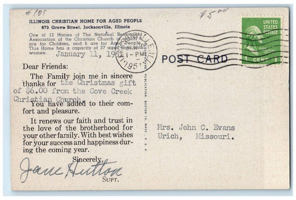 1951 Illinois Christian Home Aged People Grove Street Jacksonville IL Postcard