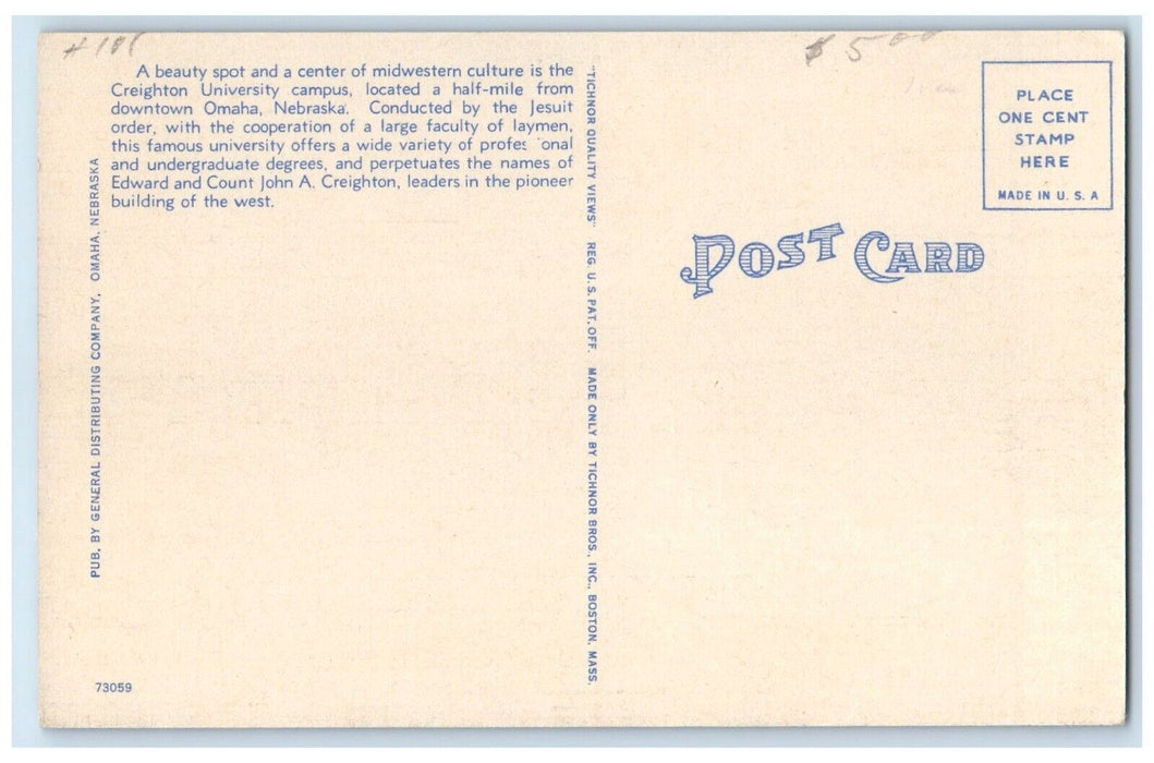 c1940's Air View Of Creighton University Omaha Nebraska NE Vintage Postcard