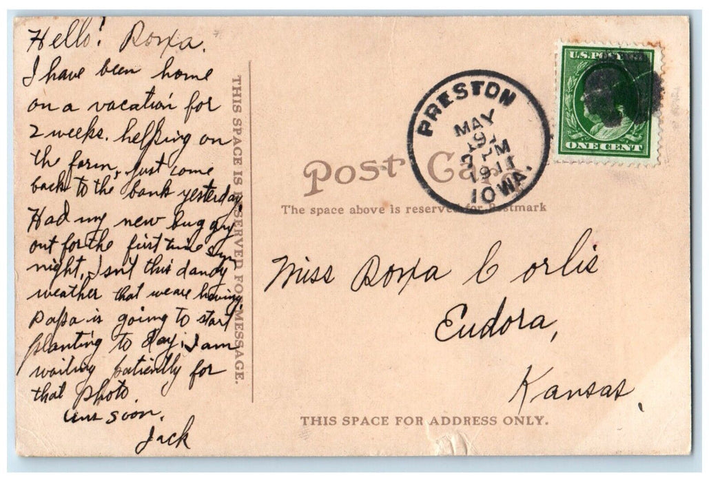 1911 Front View Entrance City Hall Building Preston Iowa Posted Vintage Postcard