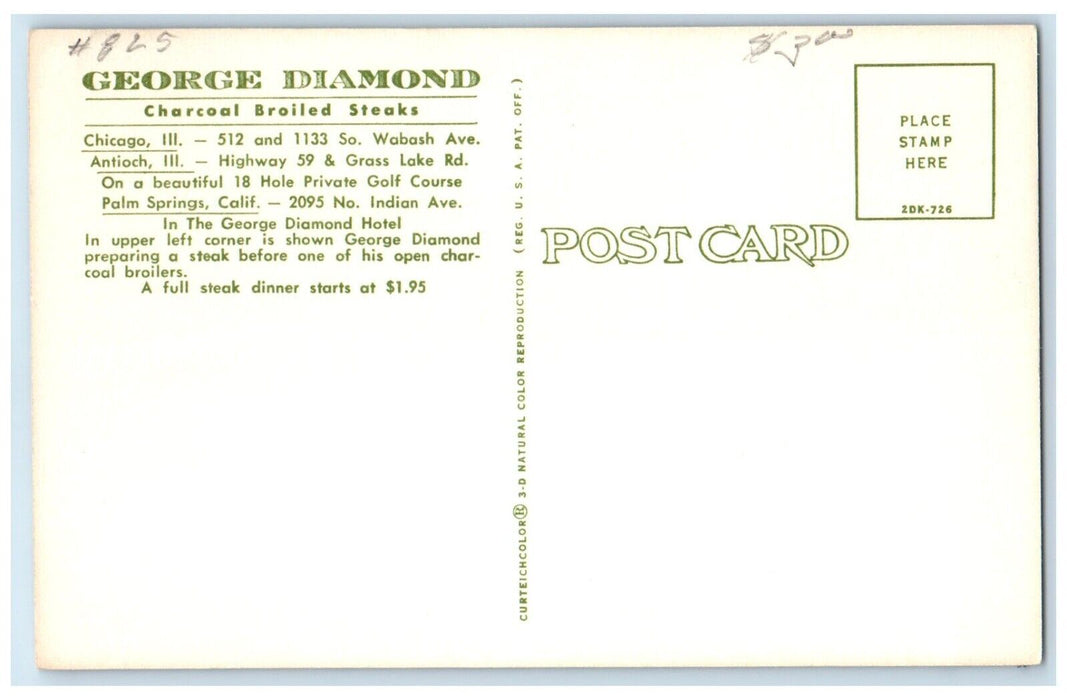 1960 George Diamond Charcoal Broiled Steaks Multi-View Chicago Illinois Postcard