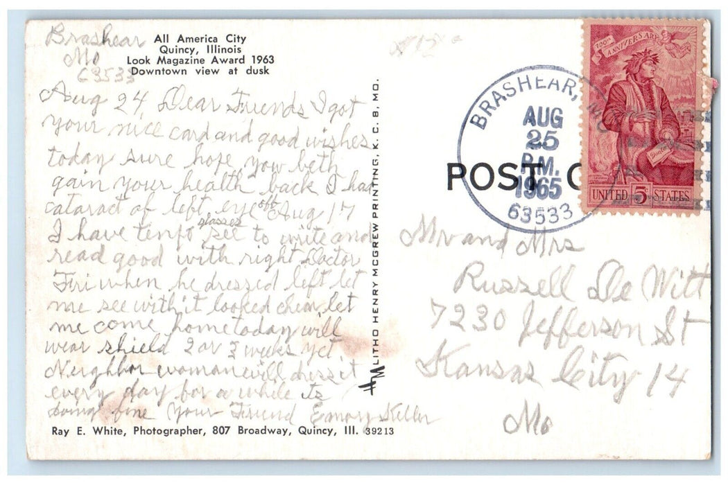 1965 All America City Downtown View Magazine Award Quincy Illinois IL Postcard