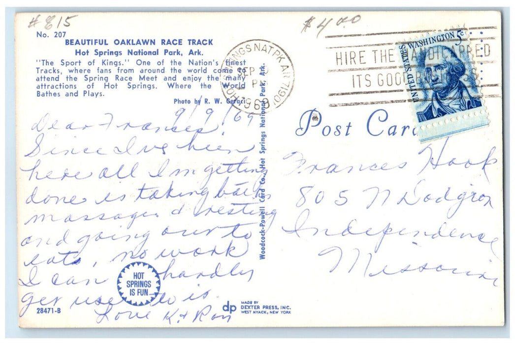 1969 Oaklawn Race Track Hot Springs Arkansas AR Posted Vintage Postcard