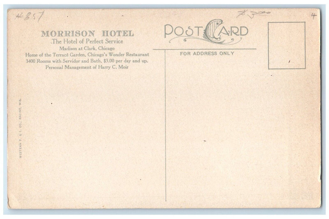 c1910 Interior Lobby Mezzanine Floor Morrison Hotel Chicago Illinois IL Postcard