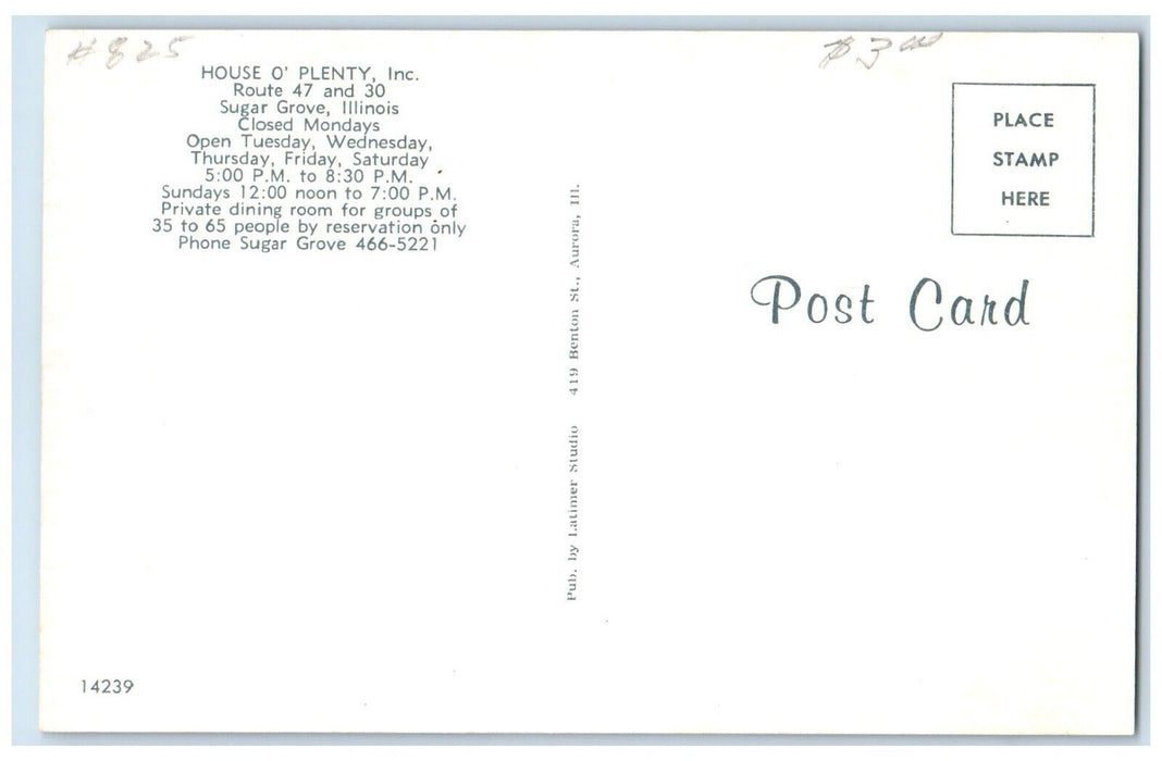 1960 House O Plenty Inc Interior Buffet Restaurant Sugar Grove Illinois Postcard