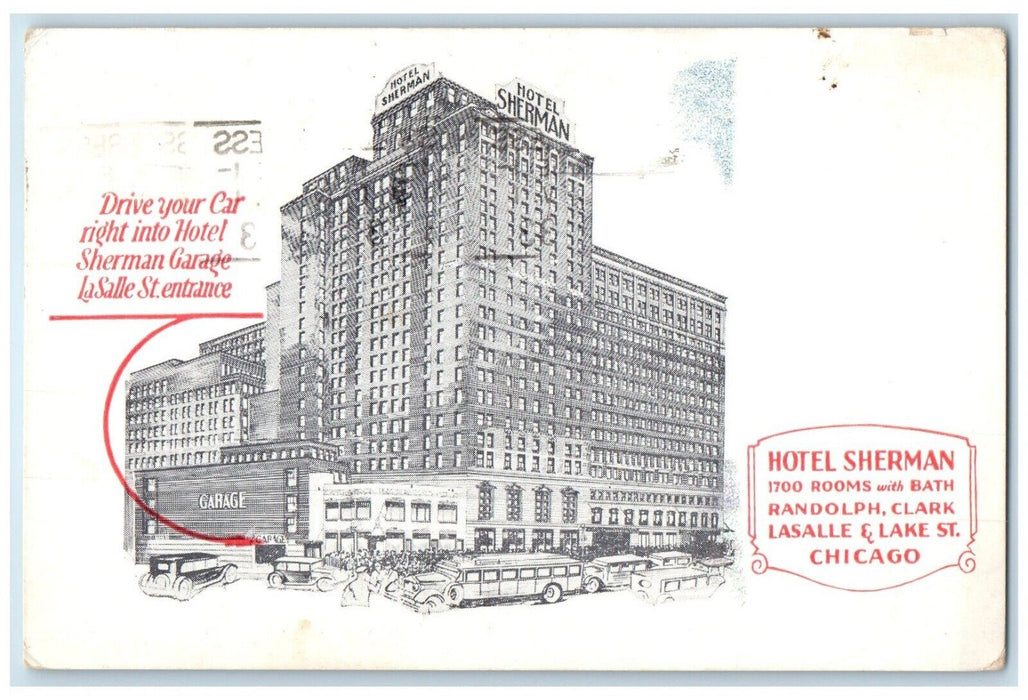 1933 Hotel Sherman Building Classic Car Chicago Illinois Posted Vintage Postcard