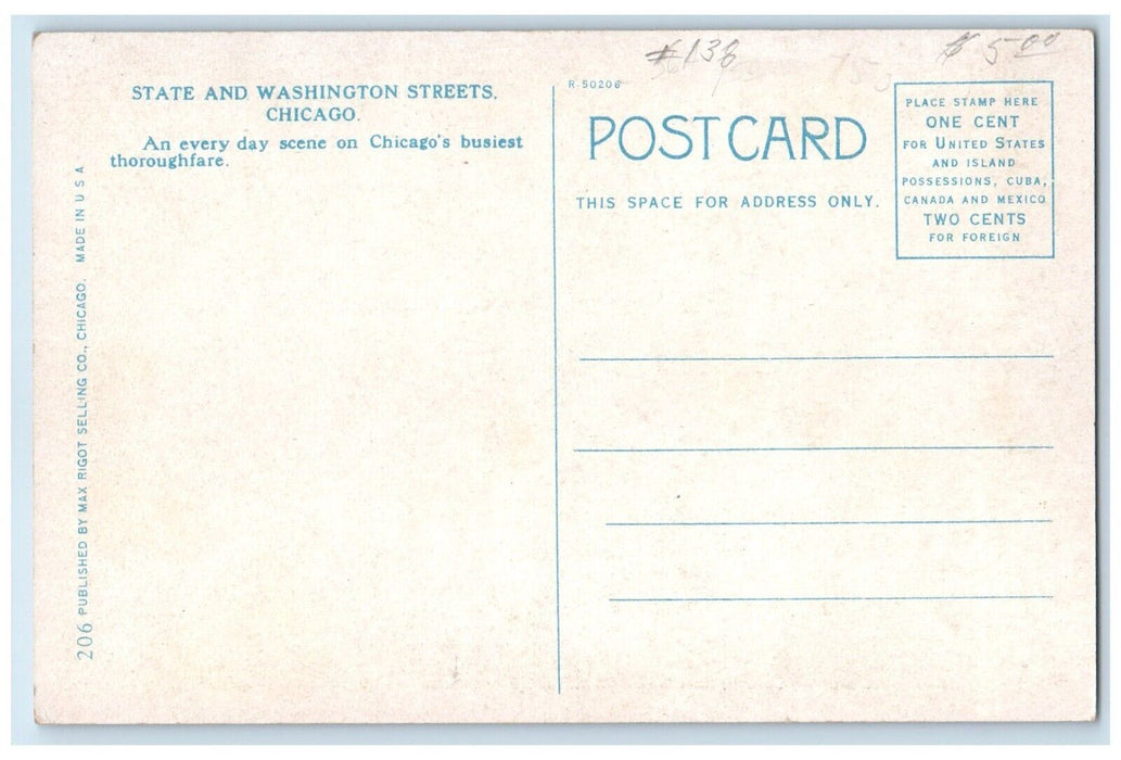 c1920 State Washington Streets Trolley Classic Cars Chicago Illinois IL Postcard