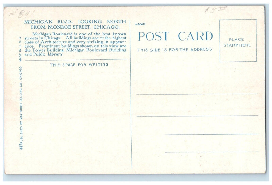 1920 Michigan Boulevard Looking North Monroe Street Chicago Illinois IL Postcard