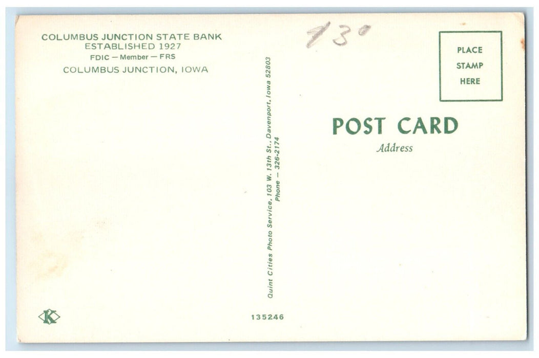 c1960 Columbus Junction State Bank Columbus Junction Iowa IA Unposted Postcard