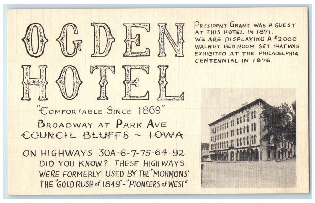 c1940 Ogden Hotel Council Bluffs Iowa IA Large Letters Vintage Unposted Postcard