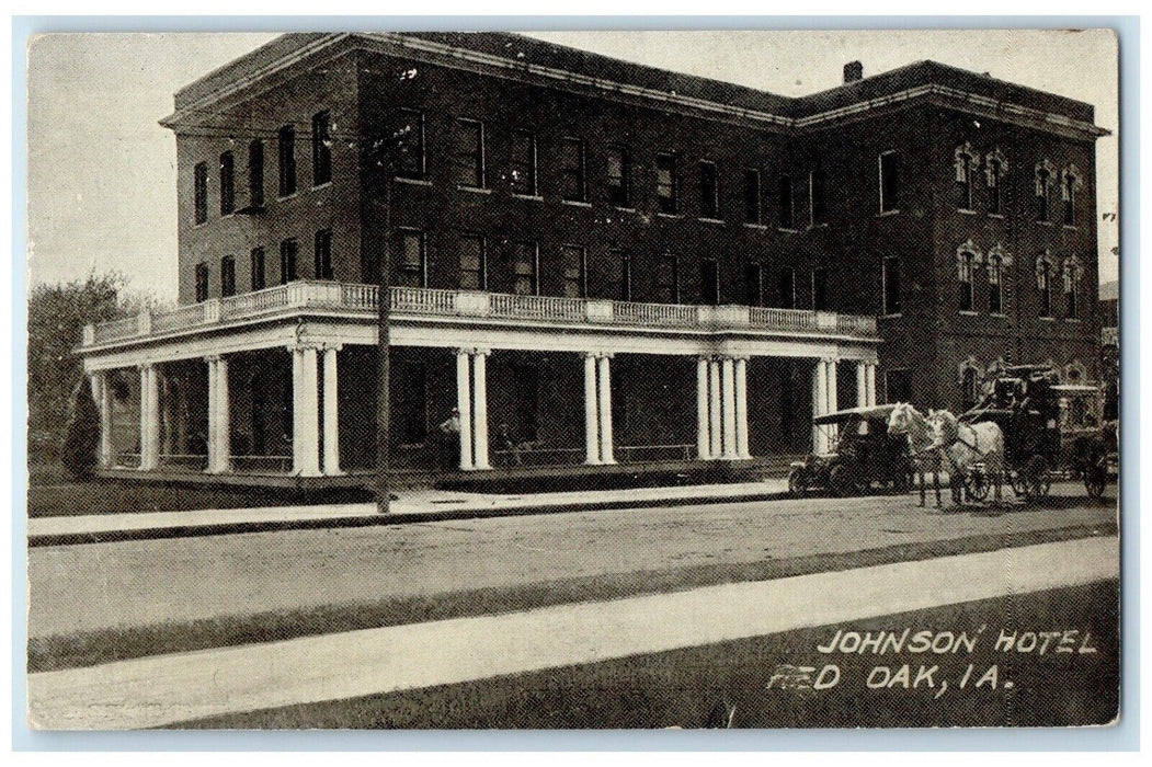 c1910 Exterior View Johnson Hotel Building Horse Carriage Fed Oak Iowa Postcard
