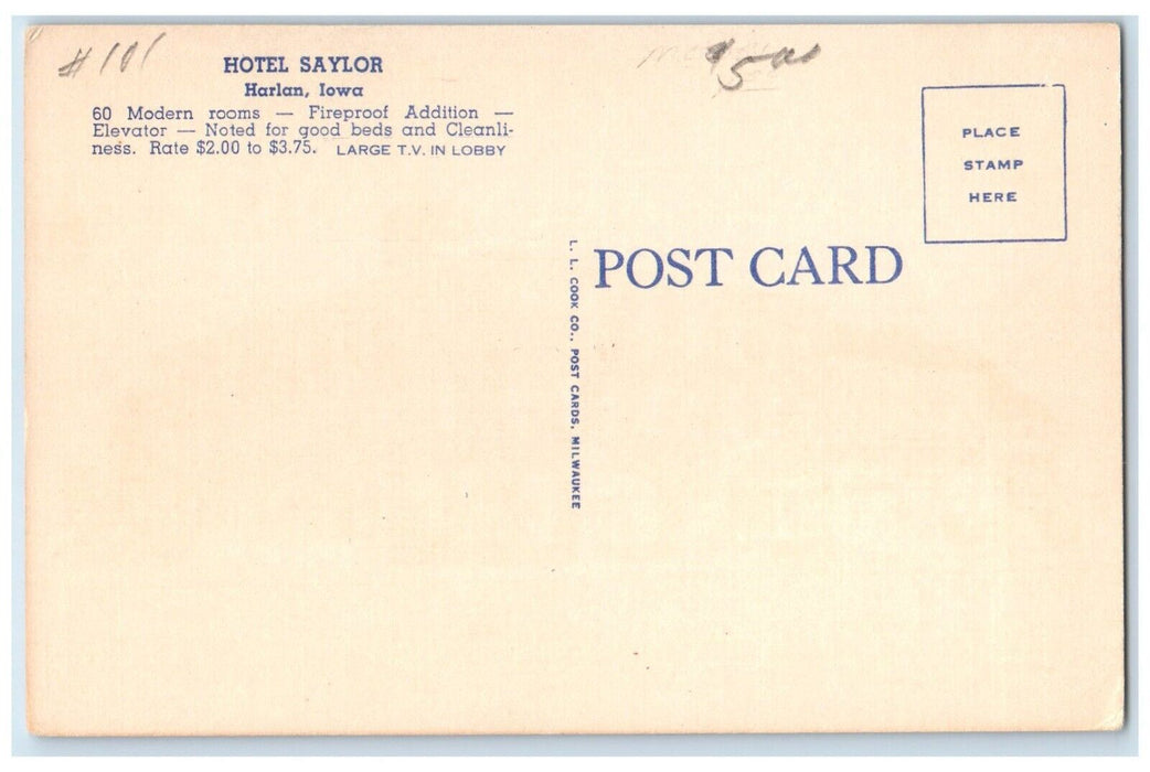 c1940 Exterior View Hotel Saylor Building Classic Cars Park Harlan Iowa Postcard