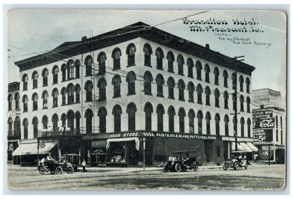 1915 Brazelton Hotel Building Classic Cars Mt Pleasant Iowa IA Posted Postcard