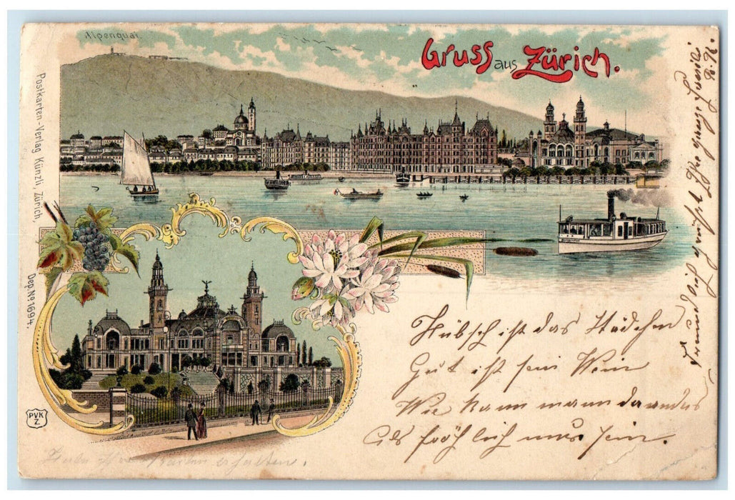 1900 Alpen Quai Church Steamboat Greetings from Zurich Switzerland PMC Postcard