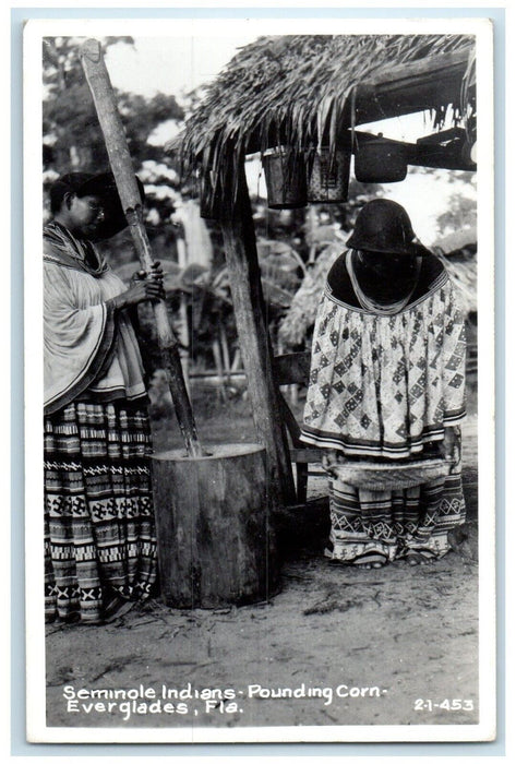 c1950's Seminole Indians Pounding Corn Everglades FL Cline RPPC Photo Postcard