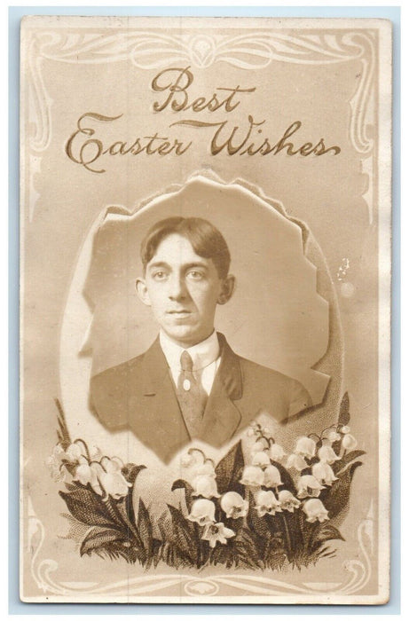 c1910's Easter Wishes Boy In Hatched Egg Flowers RPPC Photo Antique Postcard