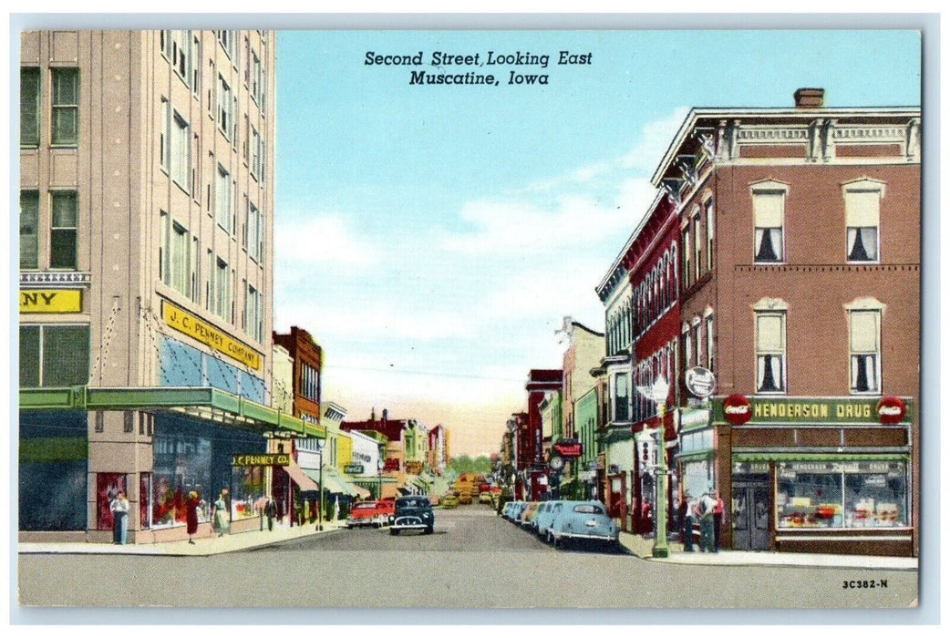 1956 Second Street Looking East Classic Cars Building Muscatine Iowa IA Postcard