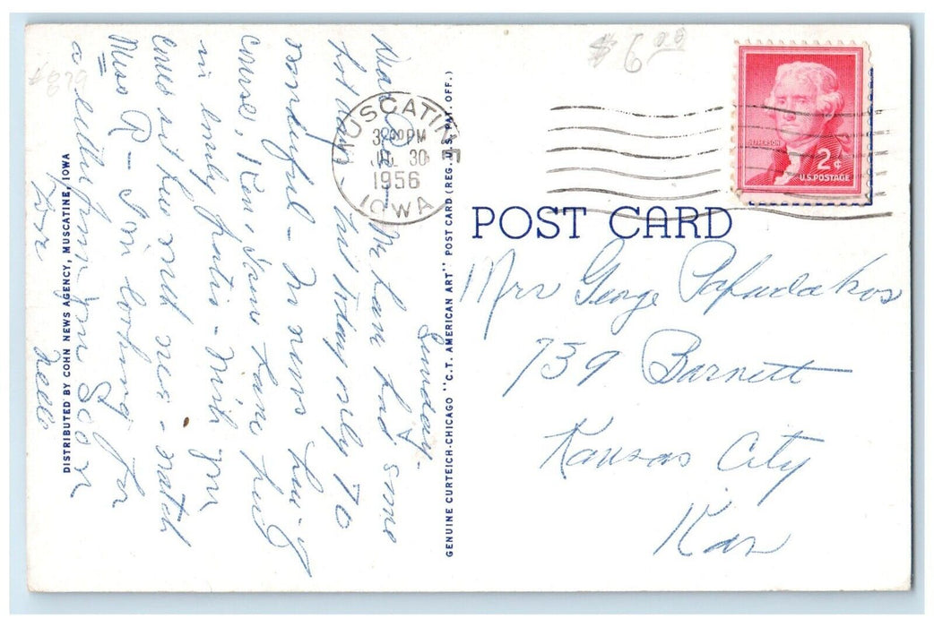 1956 Second Street Looking East Classic Cars Building Muscatine Iowa IA Postcard