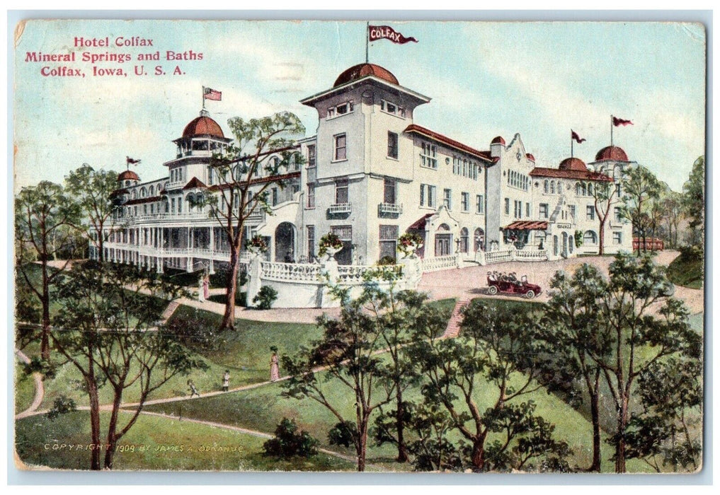 c1910 Exterior Hotel Colfax Mineral Springs Baths Building Colfax Iowa Postcard