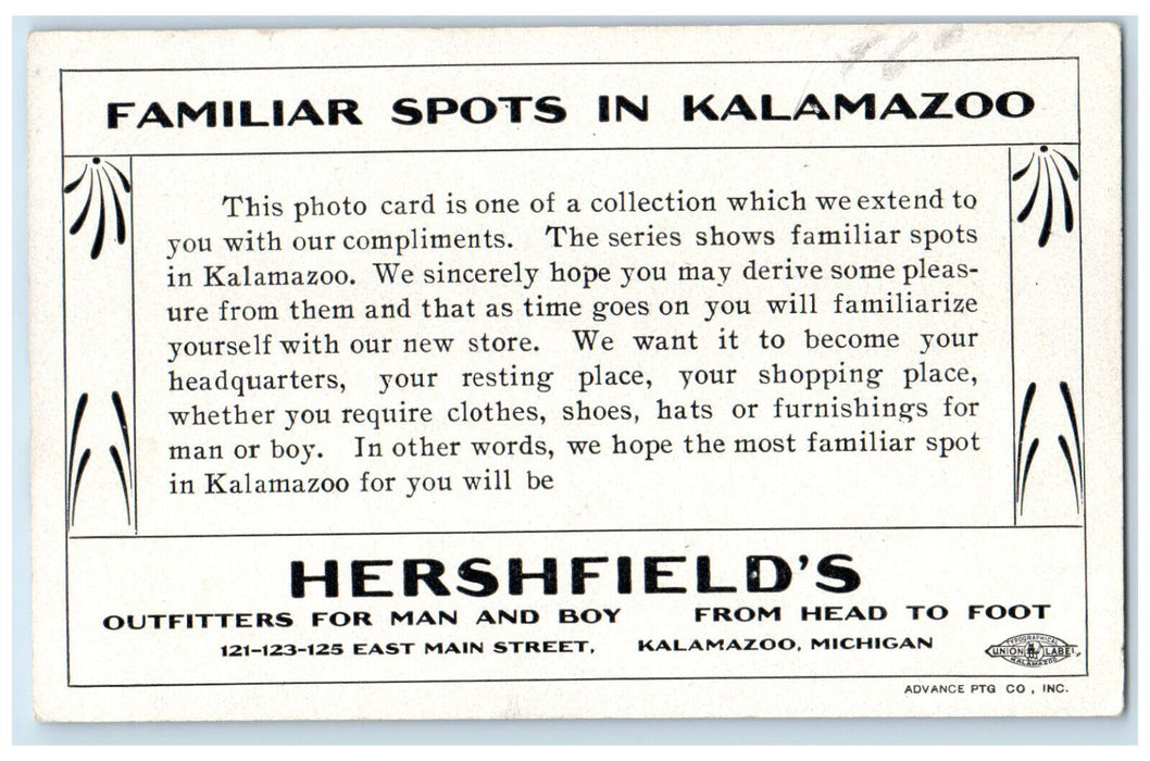 c1910 Main Street Kalamazoo Michigan MI Hershfield's Advertising Postcard