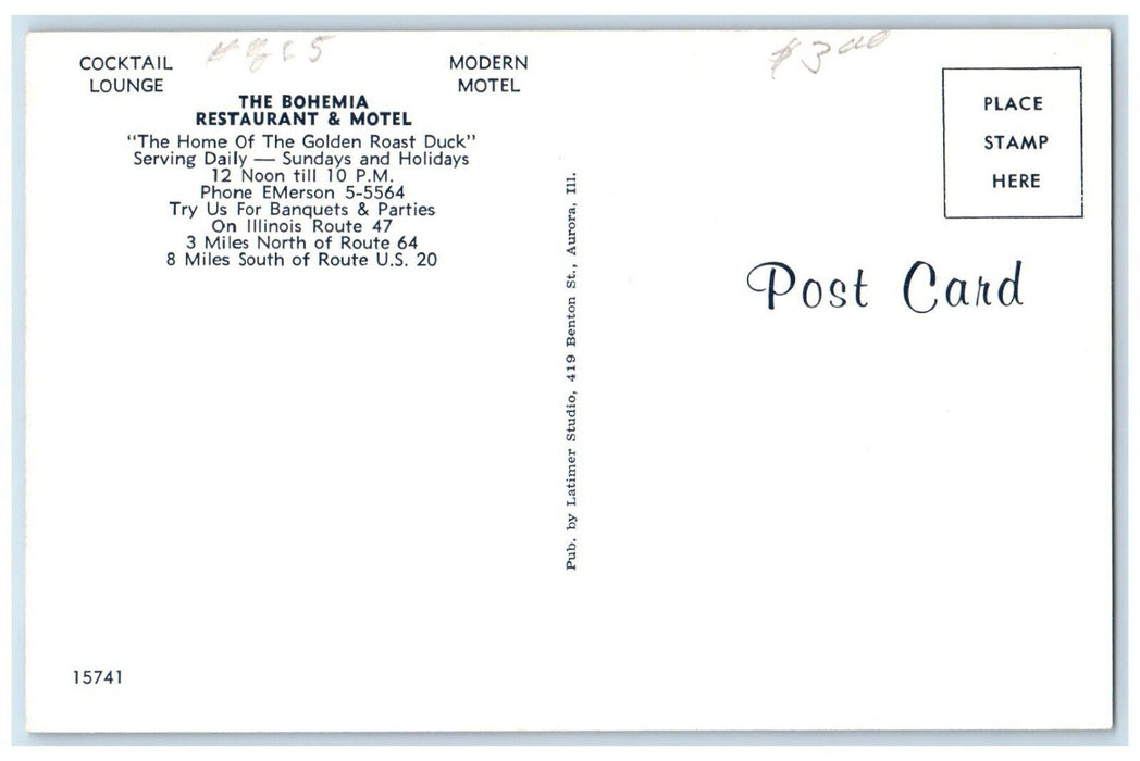 c1960 Bohemia Restaurant Motel Golden Roast Duck Modern Motel Illinois Postcard